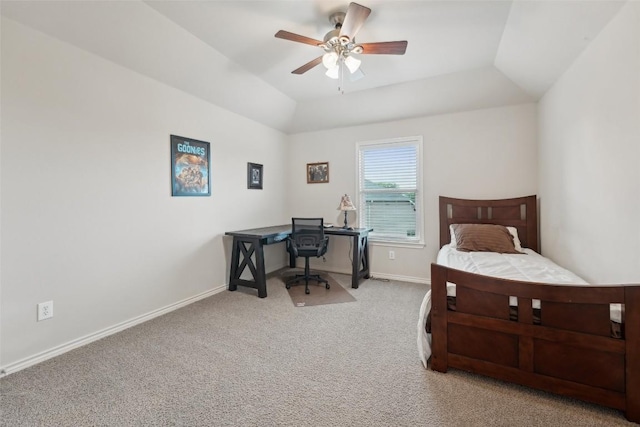 722 Tom Kite Dr, Round Rock, TX 78664 - bedroom with carpet flooring, an office area, a ceiling fan, and vaulted ceiling