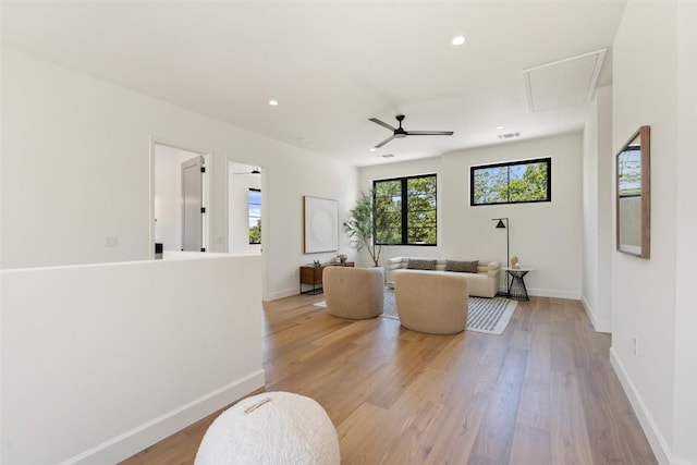 5218 Valley Oak Dr, Austin, TX 78731 - living area featuring attic access, light wood-style floors, ceiling fan, and recessed lighting