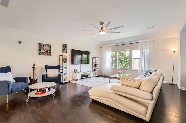 4349 Green Tree Dr, Round Rock, TX 78665 - living area with a ceiling fan, dark wood-type flooring, and baseboards