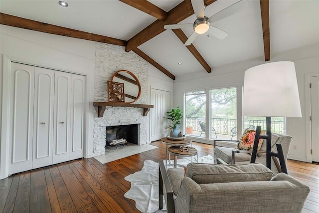 928 Porpoise St, Lakeway, TX 78734 - living area featuring ceiling fan, hardwood / wood-style flooring, and a fireplace