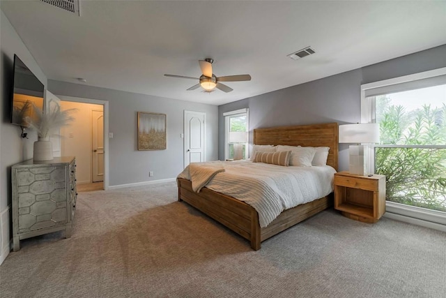 928 Porpoise St, Lakeway, TX 78734 - bedroom with light carpet, a ceiling fan, and baseboards