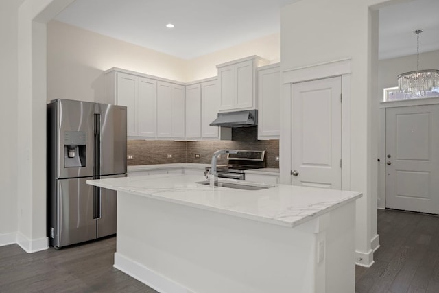 13501 Metric Blvd Unit 22, Austin, TX 78727 - kitchen with appliances with stainless steel finishes, under cabinet range hood, backsplash, dark wood-type flooring, and recessed lighting