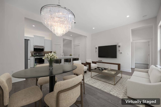 13501 Metric Blvd Unit 22, Austin, TX 78727 - dining area featuring a chandelier, dark wood-style floors, recessed lighting, and baseboards