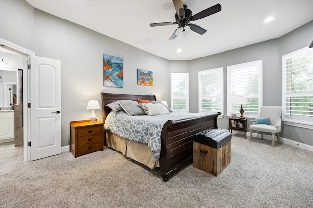 2628 Reunion Blvd, Austin, TX 78737 - bedroom featuring light carpet, baseboards, recessed lighting, ceiling fan, and ensuite bathroom