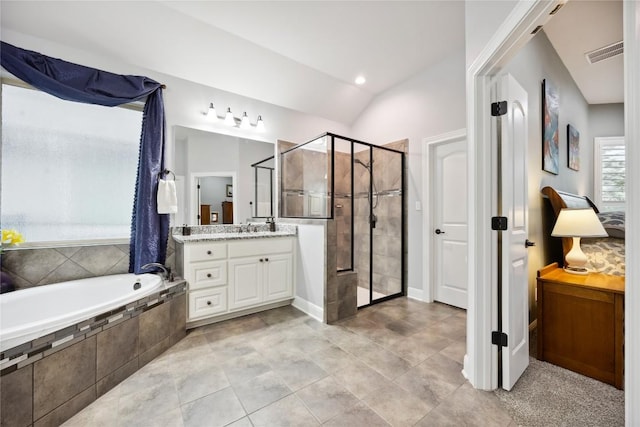 2628 Reunion Blvd, Austin, TX 78737 - bathroom featuring a stall shower, a bath, vanity, and lofted ceiling