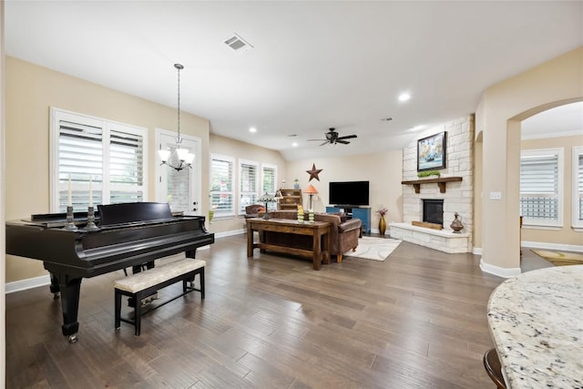 2628 Reunion Blvd, Austin, TX 78737 - living room with baseboards, ceiling fan, dark wood-type flooring, recessed lighting, and a fireplace