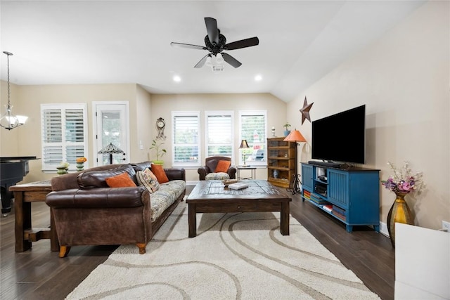 2628 Reunion Blvd, Austin, TX 78737 - living room with dark wood-style floors, a ceiling fan, recessed lighting, and vaulted ceiling