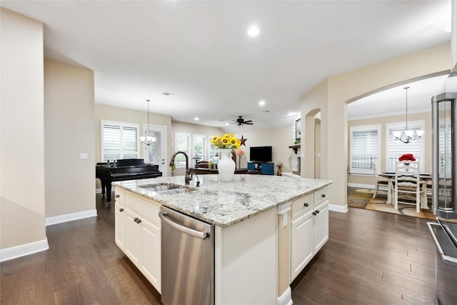 2628 Reunion Blvd, Austin, TX 78737 - kitchen with stainless steel dishwasher, a sink, a chandelier, baseboards, and recessed lighting