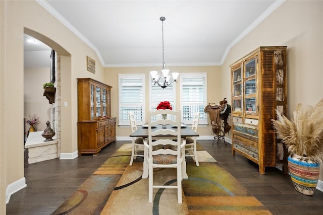 2628 Reunion Blvd, Austin, TX 78737 - dining area with ornamental molding, dark wood-style floors, a chandelier, arched walkways, and baseboards