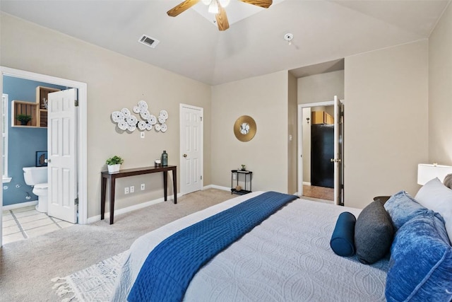 1301 S Quinlan Park Rd, Austin, TX 78732 - bedroom featuring carpet flooring, baseboards, connected bathroom, and a ceiling fan