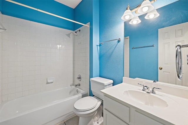 1301 S Quinlan Park Rd, Austin, TX 78732 - bathroom with a textured wall, toilet, shower / bathtub combination, vanity, and tile patterned flooring