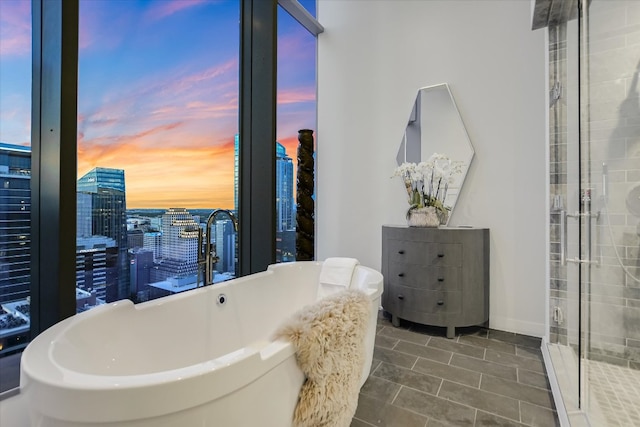 210 Lavaca St Unit 3603, Austin, TX 78701 - full bath featuring a city view, a freestanding bath, a stall shower, and tile patterned flooring