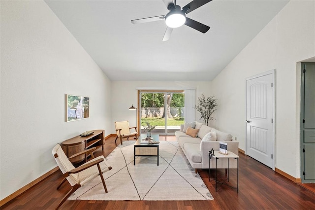 4610 S 1st St, Austin, TX 78745 - living room featuring wood finished floors, ceiling fan, and high vaulted ceiling