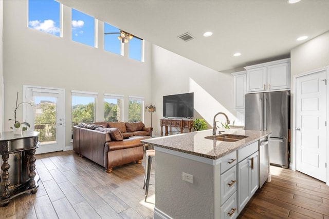 6500 Llano Stage Trl, Austin, TX 78738 - kitchen with stainless steel appliances, a sink, wood finished floors, light stone countertops, and open floor plan