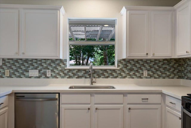 1025 Doras Dr, Pflugerville, TX 78660 - kitchen featuring dishwasher, white cabinetry, backsplash, and light countertops