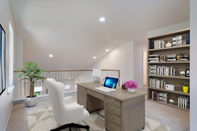 1025 Doras Dr, Pflugerville, TX 78660 - office area featuring light carpet, recessed lighting, built in shelves, and lofted ceiling