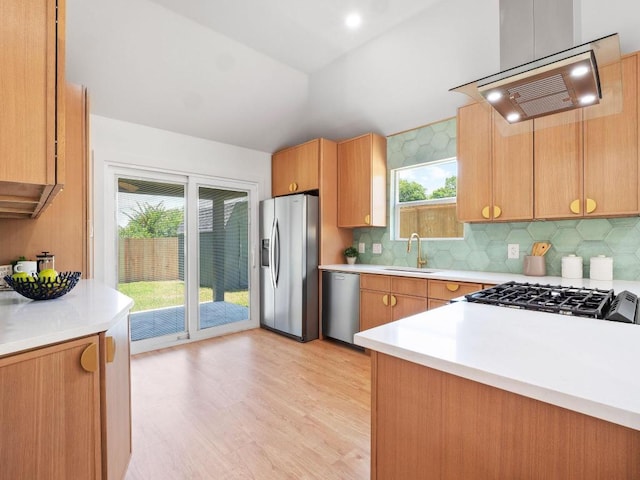 2401 Lendall Ln, Austin, TX 78744 - kitchen featuring stainless steel appliances, light countertops, a sink, plenty of natural light, and lofted ceiling
