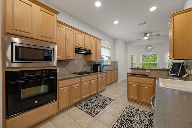 13129 Halsell Dr, Austin, TX 78732 - kitchen with black appliances, a sink, decorative backsplash, ceiling fan, and recessed lighting