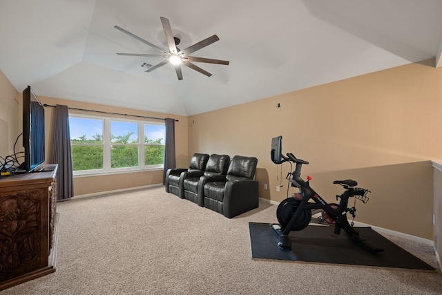 13129 Halsell Dr, Austin, TX 78732 - workout area featuring a ceiling fan, lofted ceiling, carpet, and baseboards