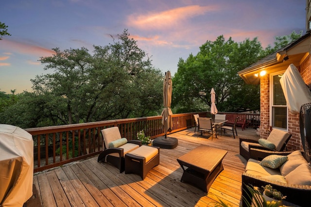 13129 Halsell Dr, Austin, TX 78732 - wooden terrace featuring outdoor dining space, area for grilling, and an outdoor living space