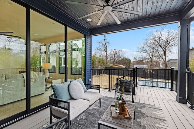 4303 Hank Ave, Austin, TX 78745 - deck featuring a ceiling fan and an outdoor hangout area