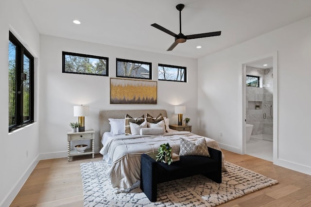 4303 Hank Ave, Austin, TX 78745 - bedroom featuring light wood-style floors, recessed lighting, ensuite bathroom, and a ceiling fan