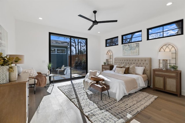 1207 Aggie Ln, Austin, TX 78757 - bedroom featuring access to outside, light wood finished floors, recessed lighting, and ceiling fan