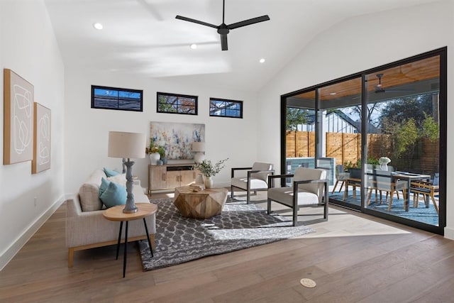 1207 Aggie Ln, Austin, TX 78757 - living area with ceiling fan, wood finished floors, high vaulted ceiling, and recessed lighting