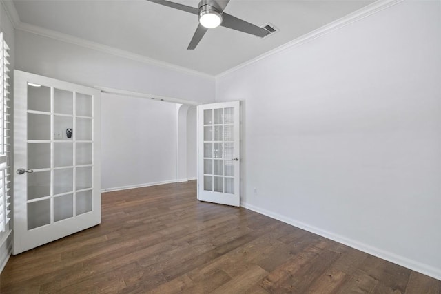 14408 Broadwinged Hawk Dr, Austin, TX 78738 - empty room with french doors, ornamental molding, wood finished floors, ceiling fan, and baseboards