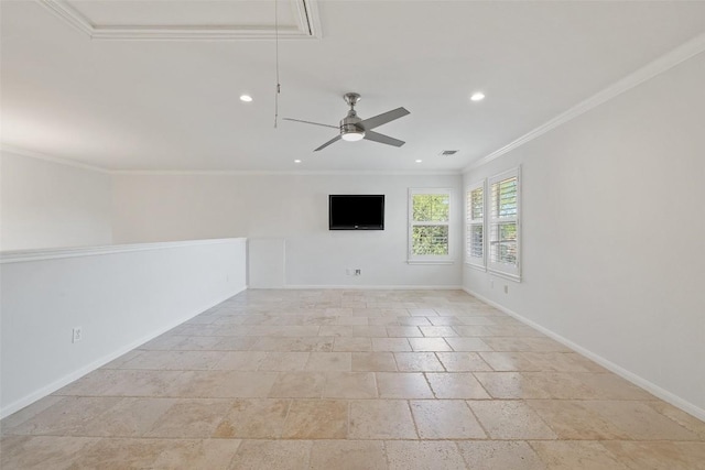 14408 Broadwinged Hawk Dr, Austin, TX 78738 - spare room with ornamental molding, recessed lighting, baseboards, ceiling fan, and stone tile floors