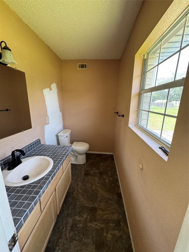 405 Lynch St, Smithville, TX 78957 - half bathroom with a textured ceiling, vanity, and stone finish flooring