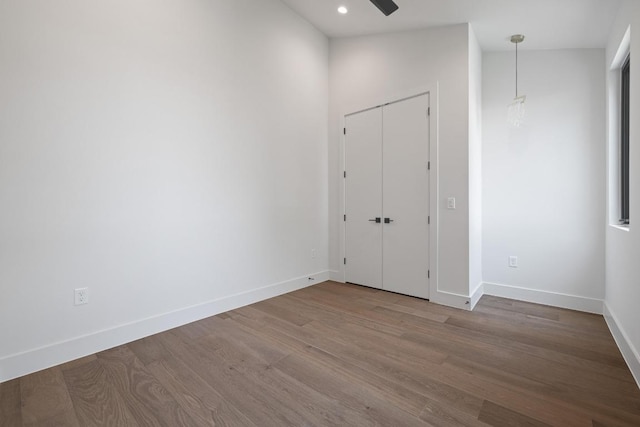 2106 Thornton Rd, Austin, TX 78704 - unfurnished bedroom featuring wood finished floors, baseboards, recessed lighting, and ceiling fan