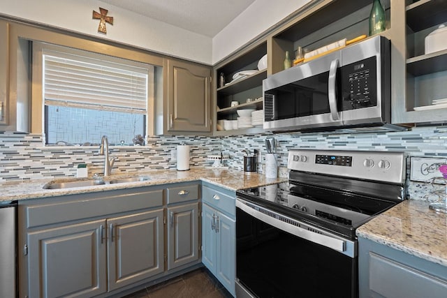 156 Lakefront Dr, Point Venture, TX 78645 - kitchen featuring stainless steel appliances, open shelves, a sink, and gray cabinetry