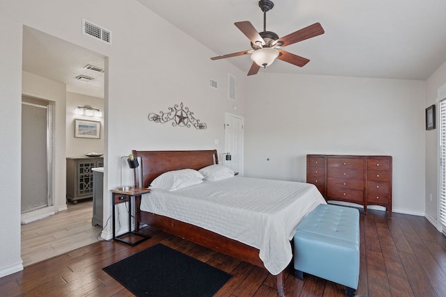 156 Lakefront Dr, Point Venture, TX 78645 - bedroom featuring high vaulted ceiling, baseboards, hardwood / wood-style floors, ceiling fan, and ensuite bathroom