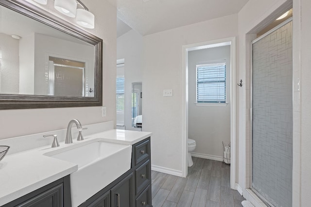 156 Lakefront Dr, Point Venture, TX 78645 - bathroom with toilet, vanity, a shower stall, and healthy amount of natural light