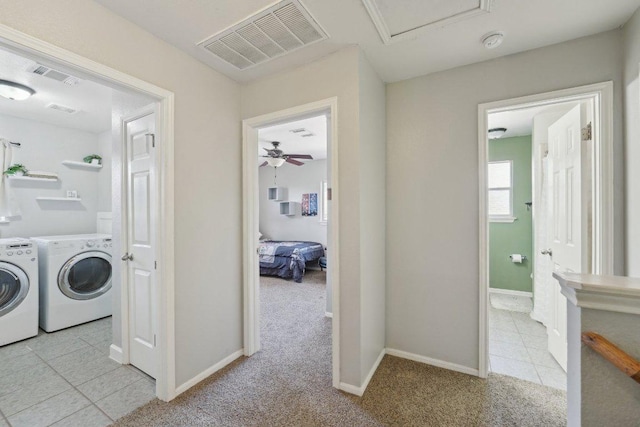 504 Chaparral Dr, Leander, TX 78641 - washroom with independent washer and dryer, light tile patterned floors, baseboards, and light carpet