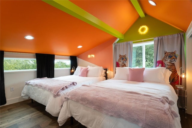 bedroom featuring wood finished floors, recessed lighting, and baseboards