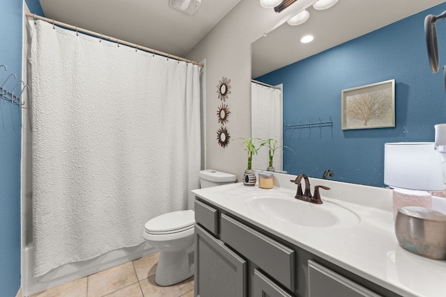 202 Dunkeld Dr, Spicewood, TX 78669 - bathroom with vanity, toilet, tile patterned flooring, and shower / tub combo with curtain
