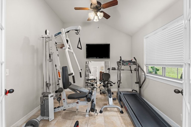 202 Dunkeld Dr, Spicewood, TX 78669 - workout room featuring ceiling fan, lofted ceiling, tile patterned floors, and baseboards