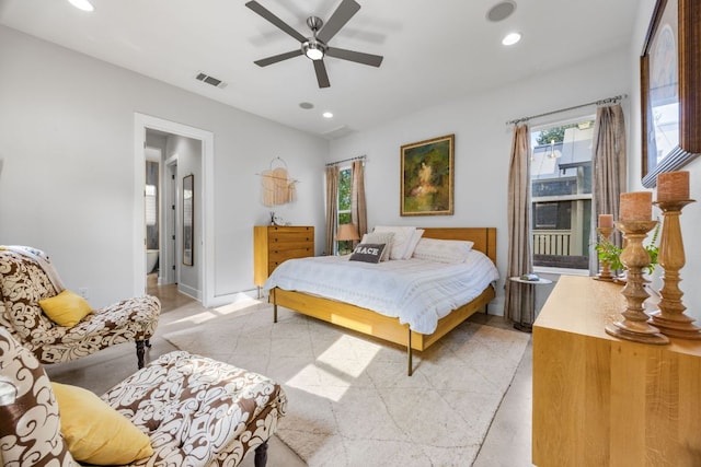 2100 E 10th St, Austin, TX 78702 - bedroom featuring multiple windows, recessed lighting, baseboards, ensuite bath, and ceiling fan