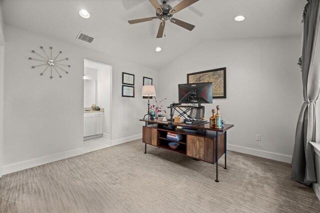 2100 E 10th St, Austin, TX 78702 - office featuring light carpet, a ceiling fan, vaulted ceiling, recessed lighting, and baseboards