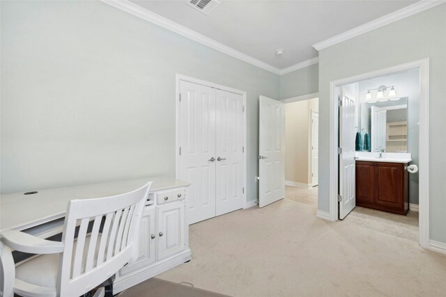 218 Duck Creek Ln, Georgetown, TX 78633 - bedroom with crown molding, light carpet, baseboards, a desk, and a sink