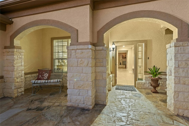 218 Duck Creek Ln, Georgetown, TX 78633 - property entrance with stucco siding and stone siding