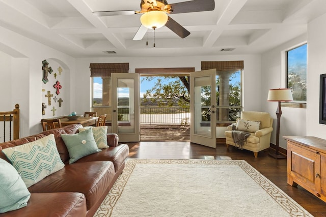 2804 Lohmans Ford Rd Unit B, Lago Vista, TX 78645 - living room with coffered ceiling, plenty of natural light, dark wood finished floors, beam ceiling, and ceiling fan