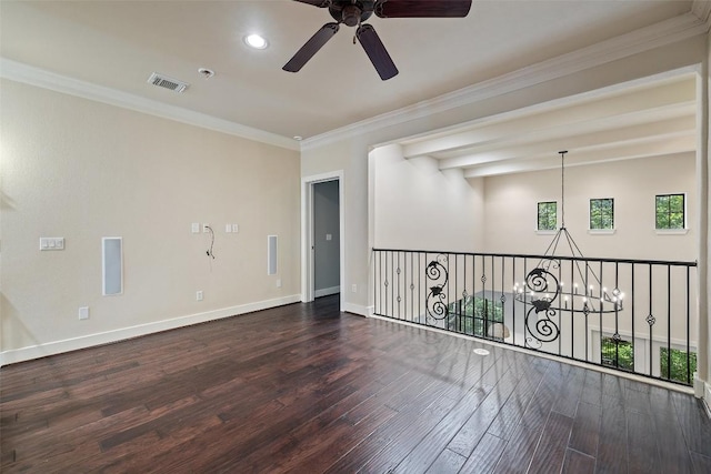 1036 Liberty Park Dr Unit 401/4A, Austin, TX 78746 - spare room featuring a ceiling fan, wood finished floors, baseboards, ornamental molding, and a chandelier