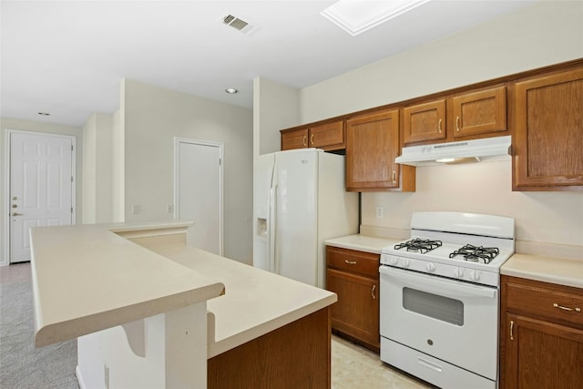 112 Anemone Way, Georgetown, TX 78633 - kitchen with white appliances, under cabinet range hood, brown cabinets, a peninsula, and light countertops