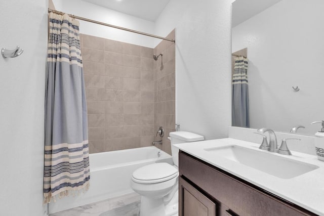 14516 Isidors Eagle Way, Elgin, TX 78621 - bathroom with shower / bathtub combination with curtain, vanity, toilet, and marble finish floors