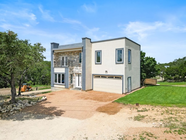 757 Canyon Bnd, Canyon Lake, TX 78133 - modern home featuring a balcony, driveway, a garage, a front lawn, and stucco siding