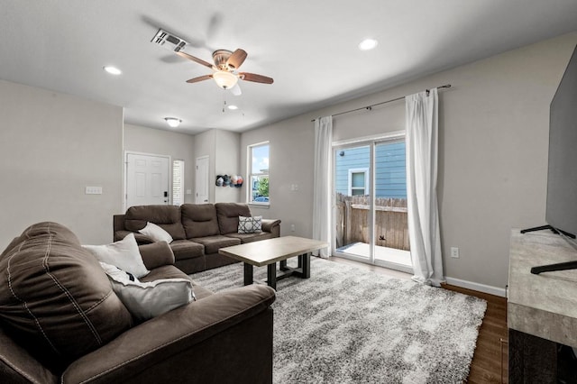 328 Triumph Rd, Buda, TX 78610 - living area with ceiling fan, dark wood-style floors, recessed lighting, and baseboards