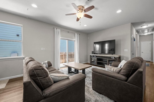 328 Triumph Rd, Buda, TX 78610 - living room featuring attic access, ceiling fan, wood finished floors, baseboards, and recessed lighting